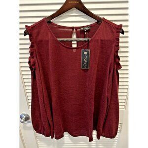 NEW DG2 Diane Gilman Shirt Top Ruffle Cold Shoulder Long Sleeve Size 3X Merlot